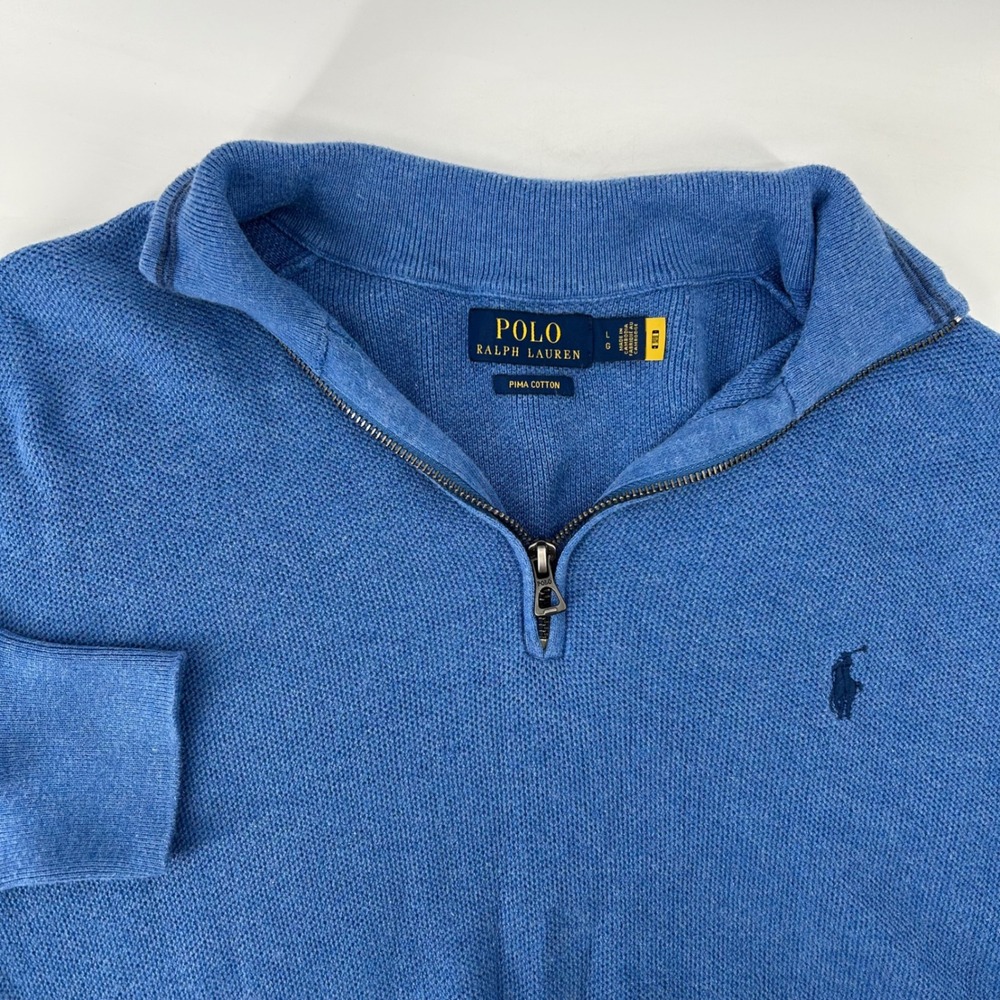 Polo Ralph Lauren Quarter Zip Sweater Mens Large Blue Pima Cotton Pullover Logo